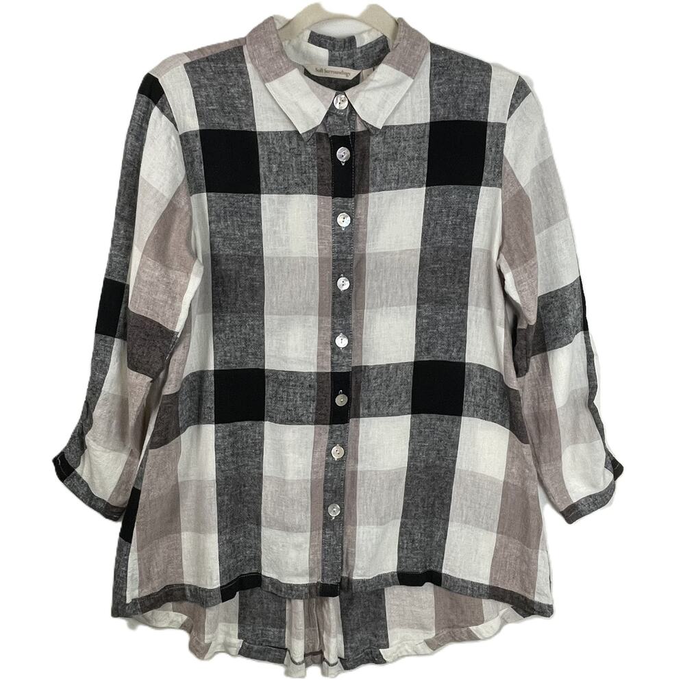 Soft Surroundings Carreaux Shirt Small Linen Blend Plaid Tunic Button Front‎ Zip